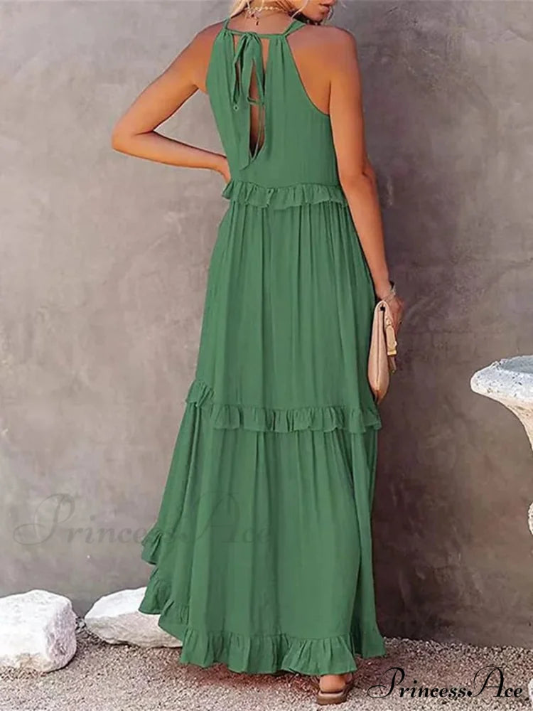 Ruffle Halter Sleeveless Classic Female Party Outfits Beach Maxi Dress