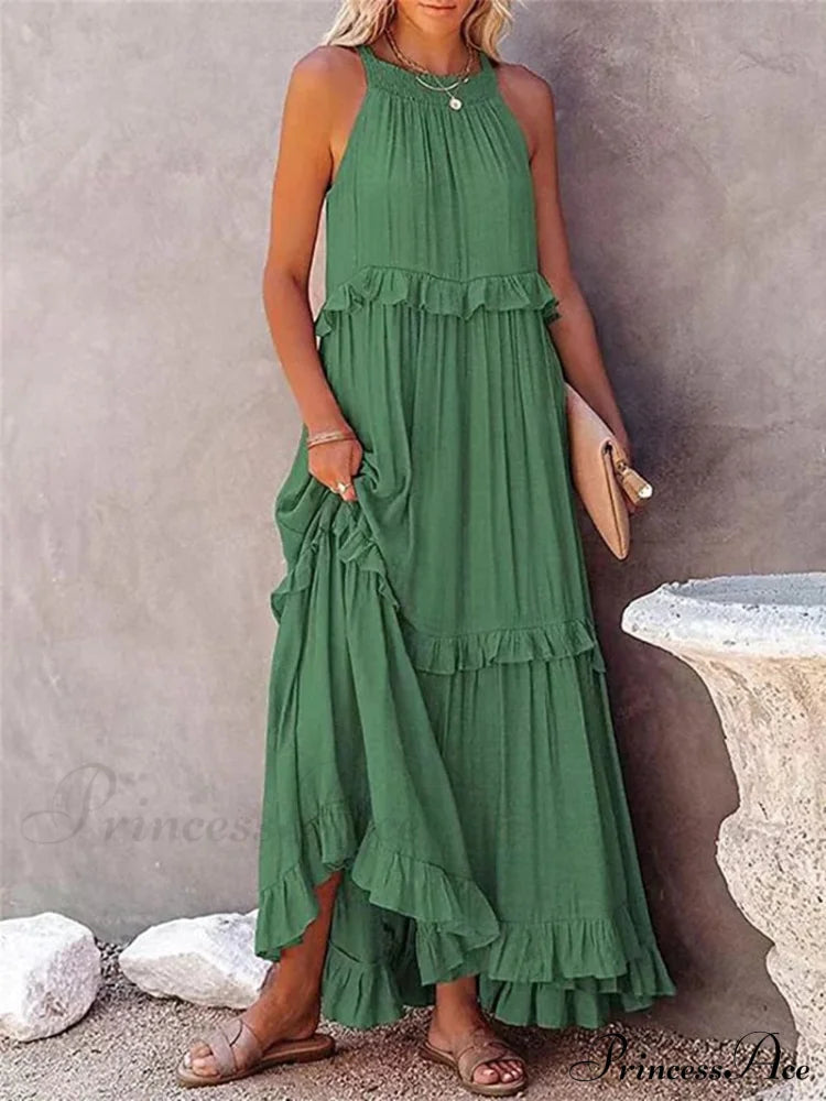 Ruffle Halter Sleeveless Classic Female Party Outfits Beach Maxi Dress