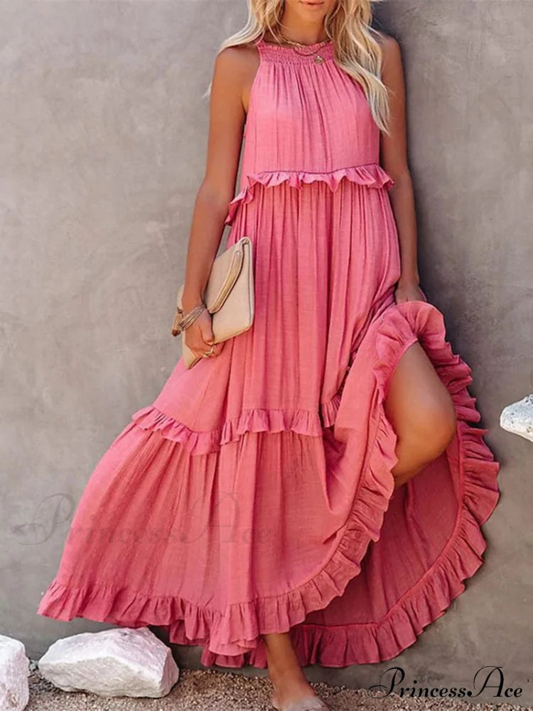 Ruffle Halter Sleeveless Classic Female Party Outfits Beach Maxi Dress