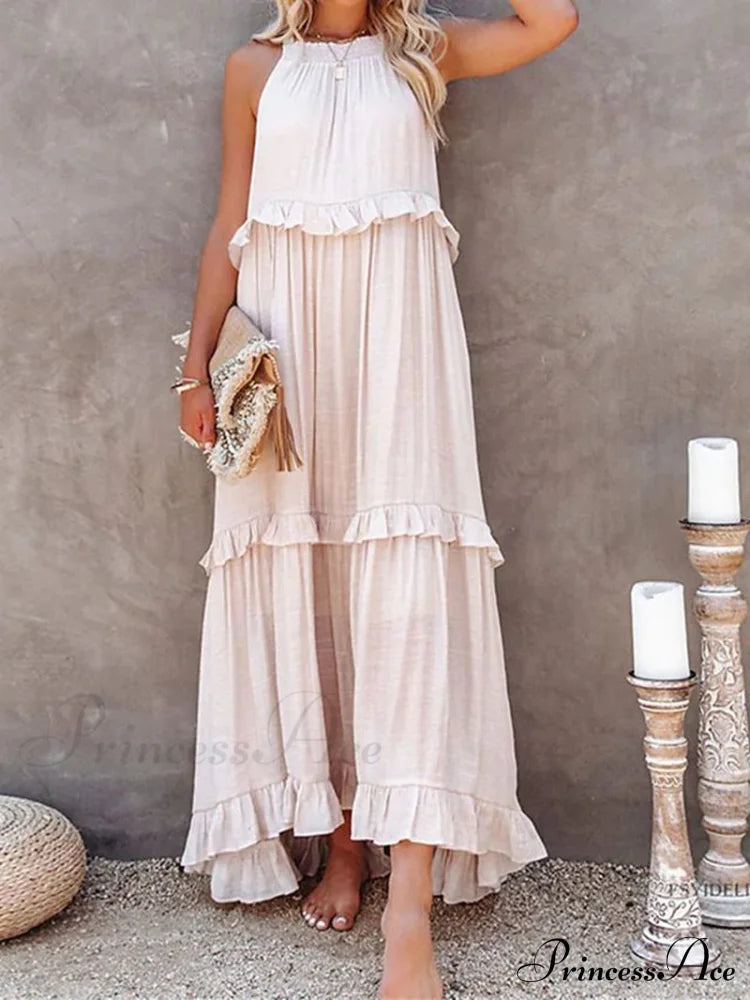 Ruffle Halter Sleeveless Classic Female Party Outfits Beach Maxi Dress