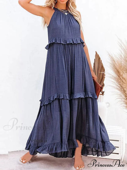 Ruffle Halter Sleeveless Classic Female Party Outfits Beach Maxi Dress