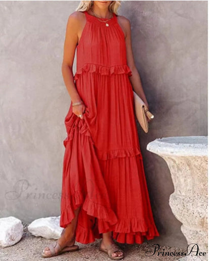 Ruffle Halter Sleeveless Classic Female Party Outfits Beach Maxi Dress