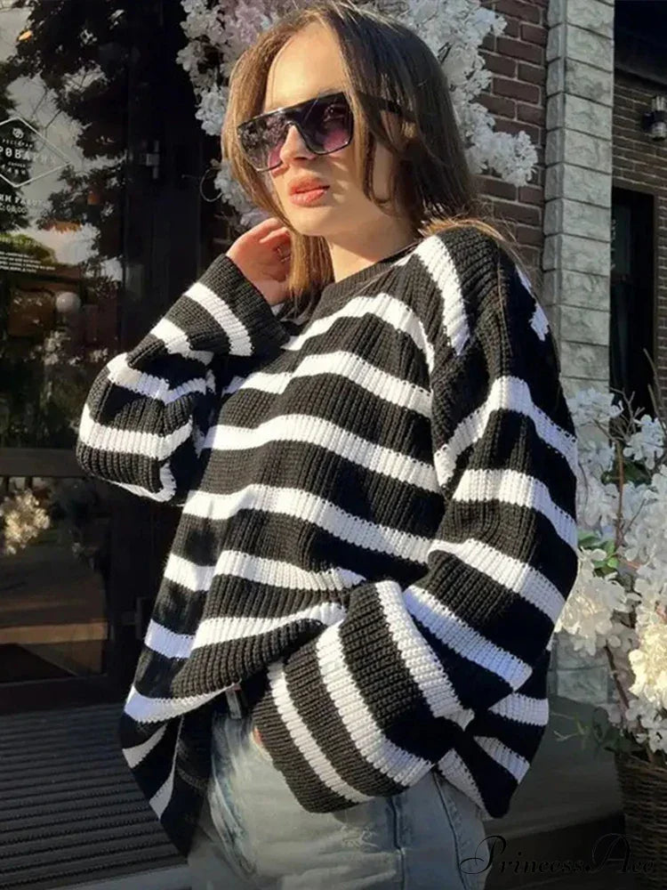 Striped Cozy Oversize Autumnal Gray Fashionable Sweater
