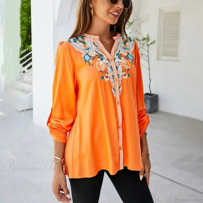 Embroidery Oversize Cotton Long Sleeve Blouse
