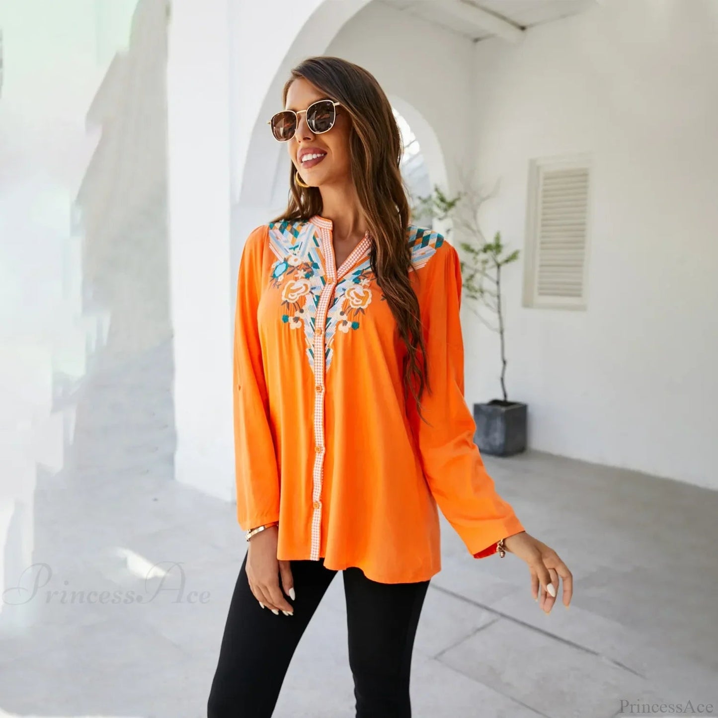 Embroidery Oversize Cotton Long Sleeve Blouse