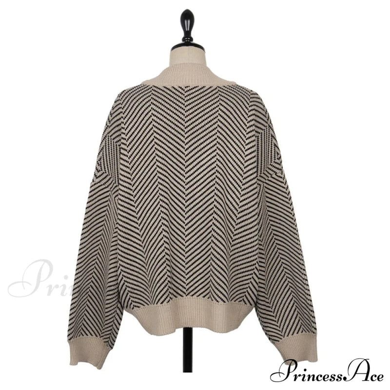 Knitted Cardigan Oversize Button Front Contrast Stripe Cardigan
