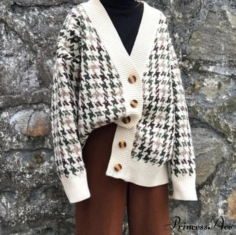 Knitted Cardigan Oversize Button Front Contrast Stripe Cardigan