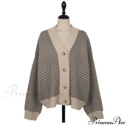 Knitted Cardigan Oversize Button Front Contrast Stripe Cardigan
