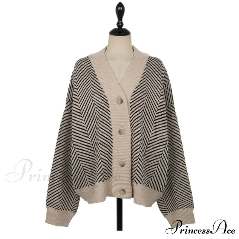 Knitted Cardigan Oversize Button Front Contrast Stripe Cardigan
