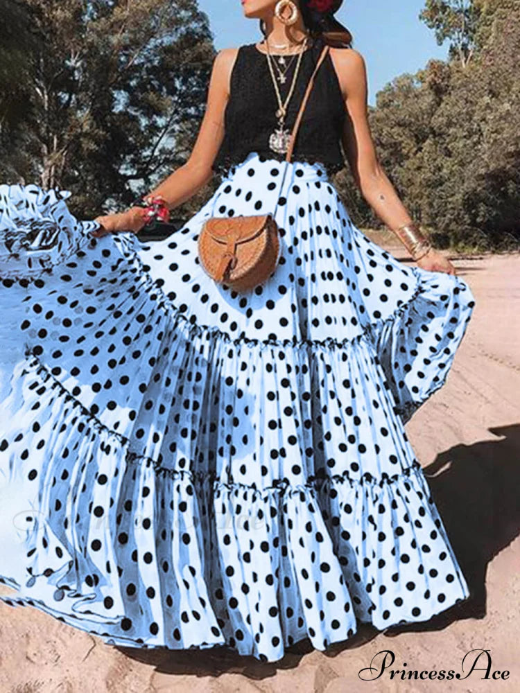 Long Polka Charming Dot Printed Halter Skirt