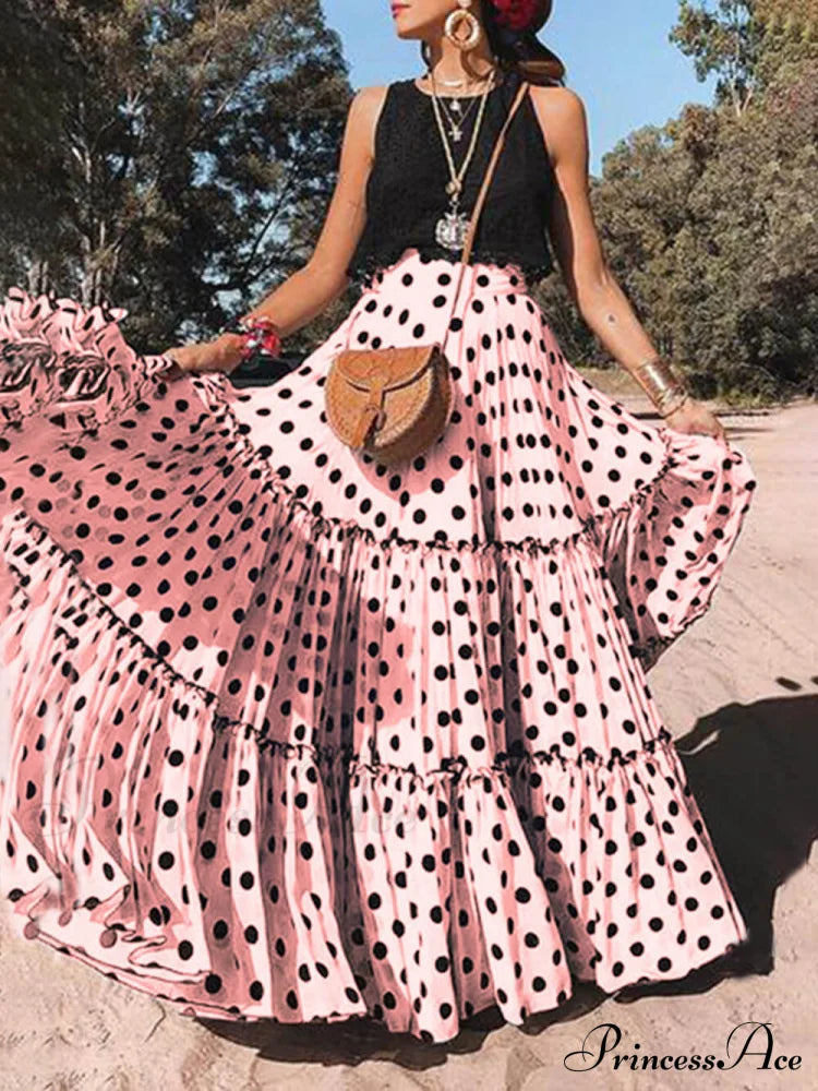 Long Polka Charming Dot Printed Halter Skirt