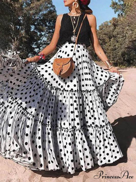 Long Polka Charming Dot Printed Halter Skirt