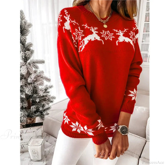 Long Sleeve O-neck Pullover Deer Knitted Christmas Sweater