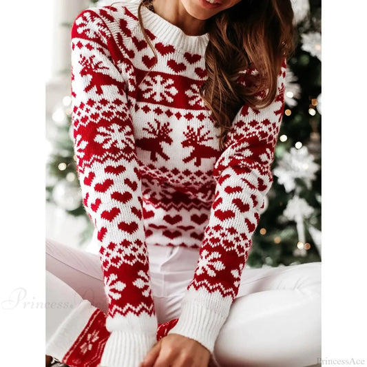 Long Sleeve Print Pullover Knitted Christmas Christmas Sweater