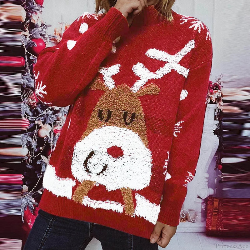 Loose Neck Love Heart Pattern Pink Christmas Sweater
