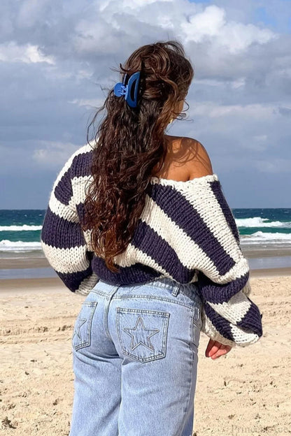 Loose Off-shoulder Striped Sweet Sweater