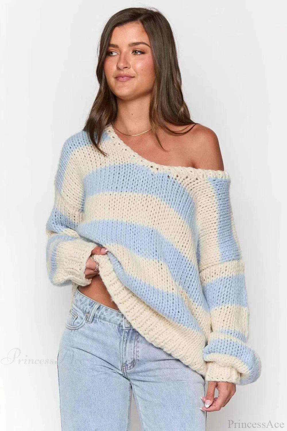Loose Off-shoulder Striped Sweet Sweater