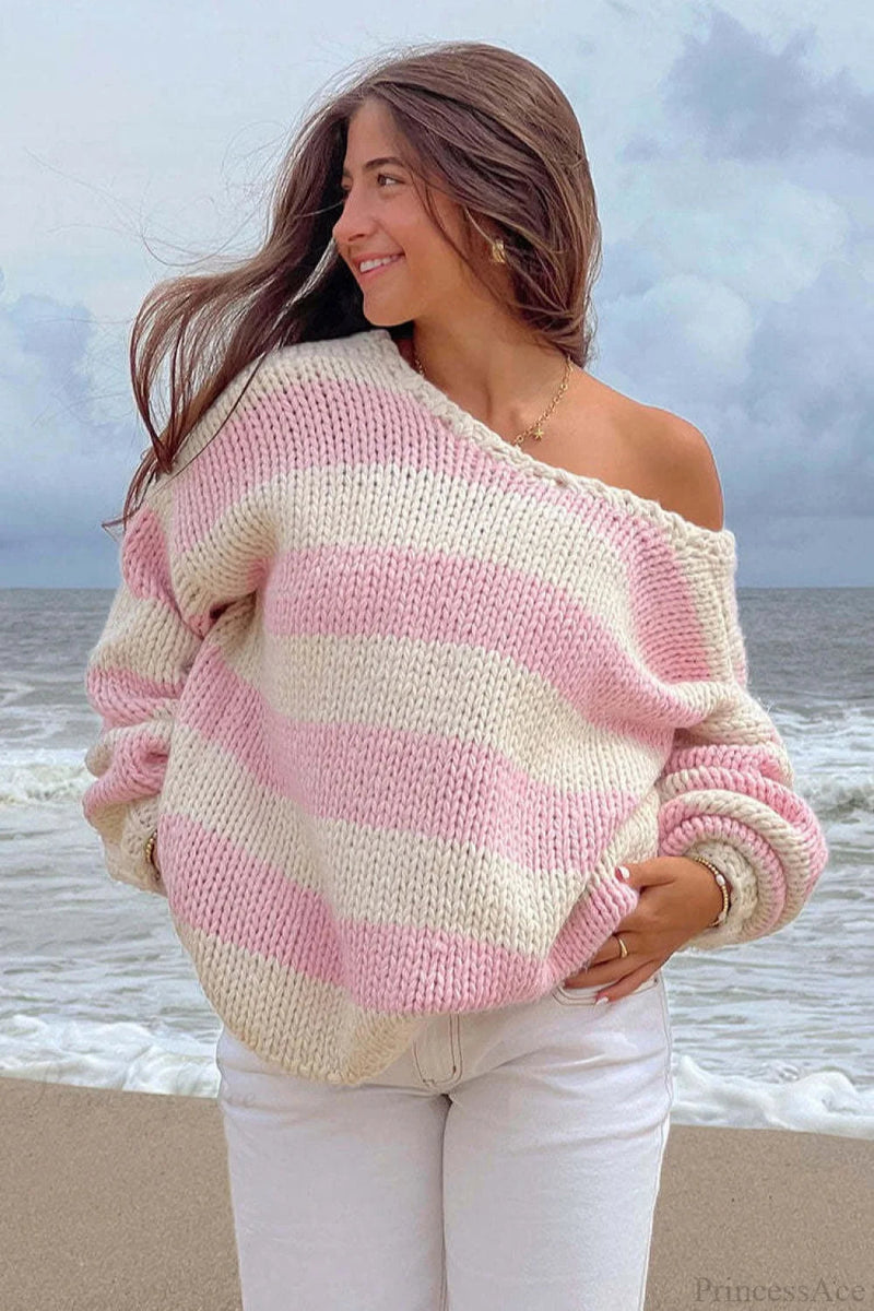 Loose Off-shoulder Striped Sweet Sweater