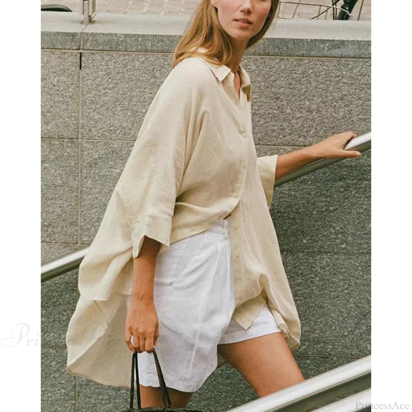 Loose White Button-up Half Sleeve Blouse