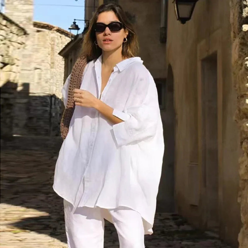 Loose White Button-up Half Sleeve Blouse