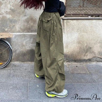 Low Waist Ruched Trim Classic Baggy Cargo Pants - Brown