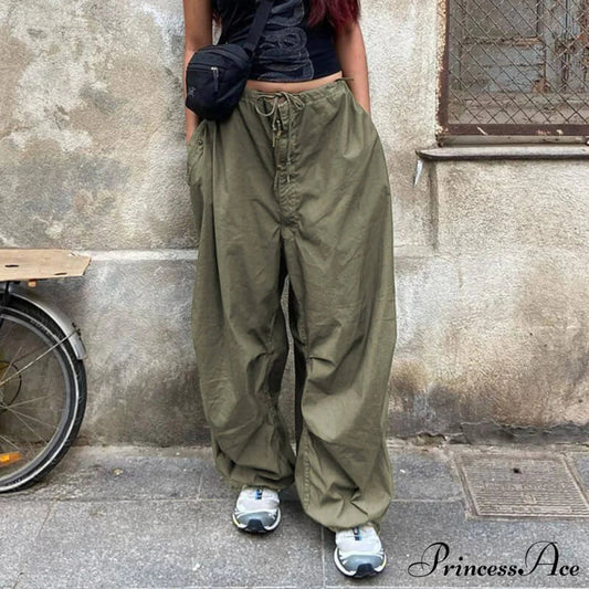 Low Waist Ruched Trim Classic Baggy Cargo Pants - Brown