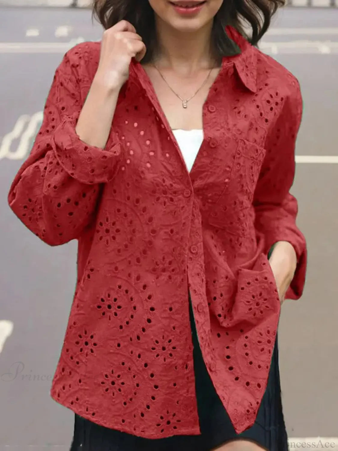 Patchwork Turn-down Collar Embroidered Blouse