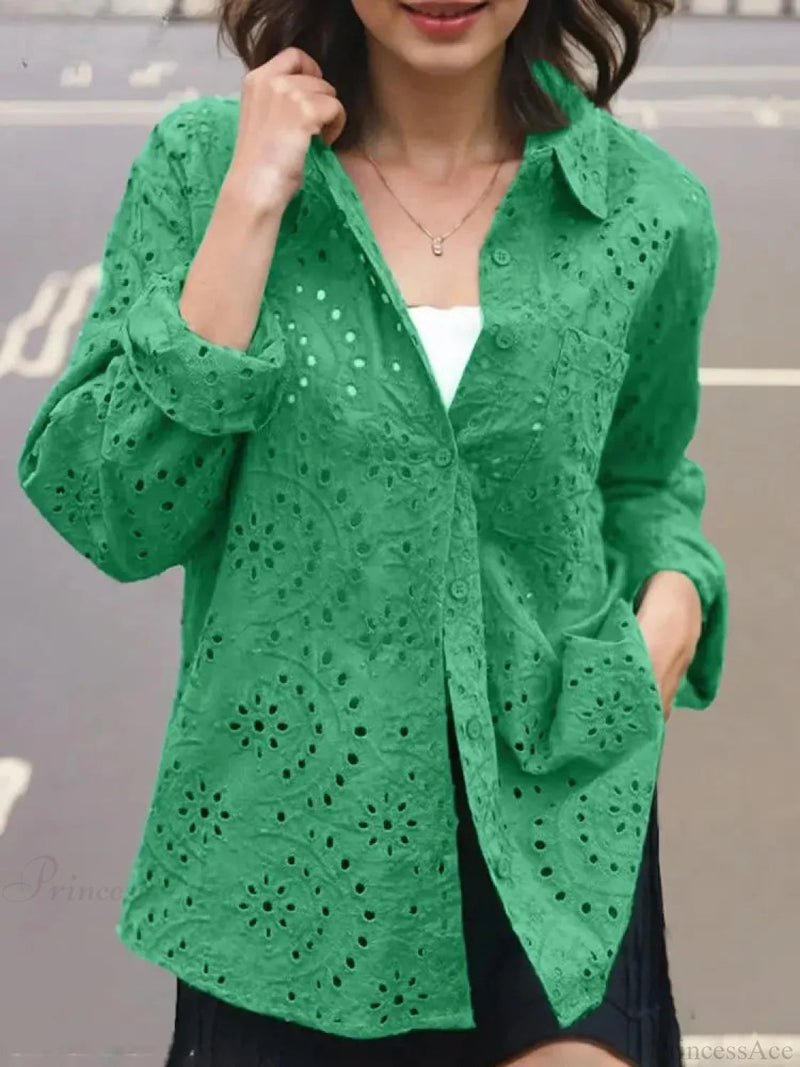 Patchwork Turn-down Collar Embroidered Blouse