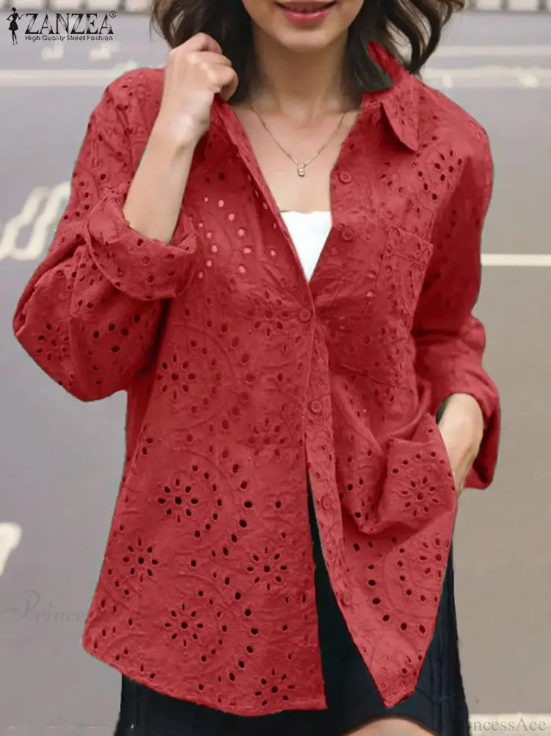 Patchwork Turn-down Collar Embroidered Blouse