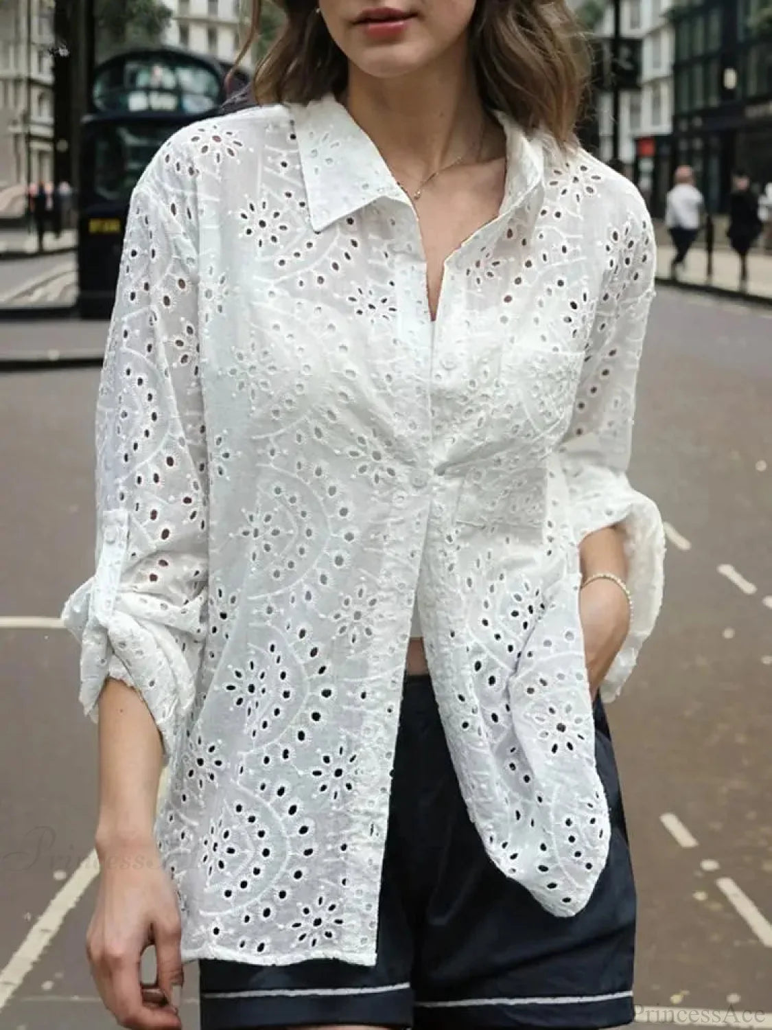 Patchwork Turn-down Collar Embroidered Blouse