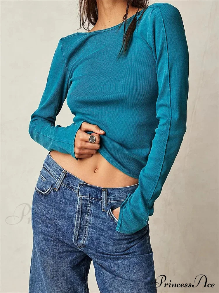 Ribbed Long Sleeve Slim Fit Backless T-shirts