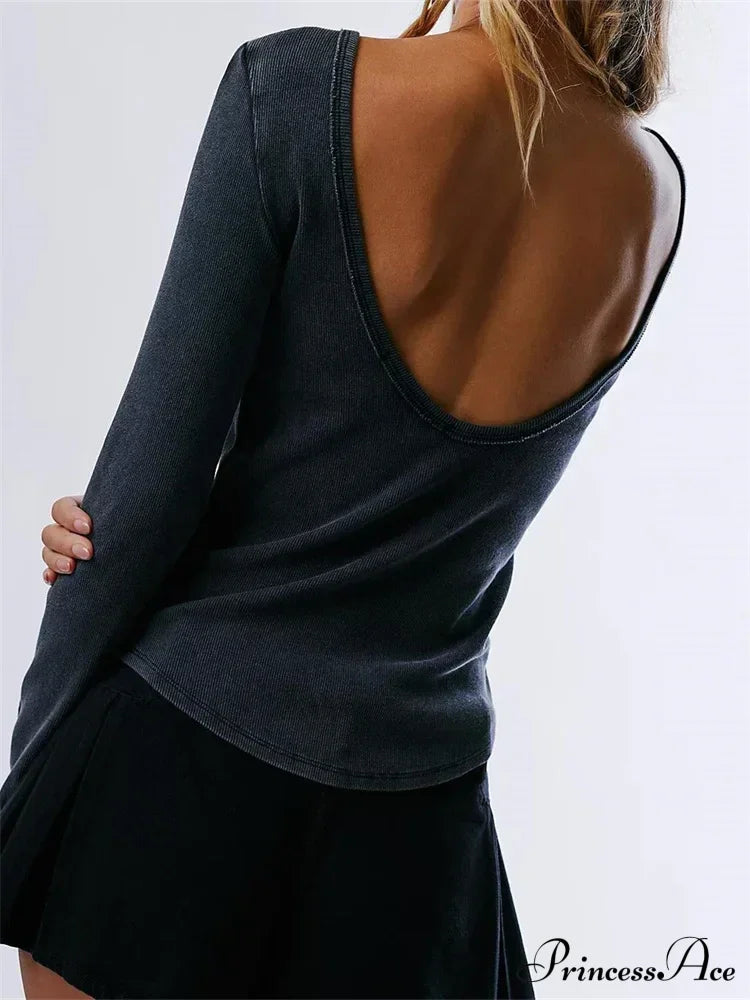 Ribbed Long Sleeve Slim Fit Backless T-shirts