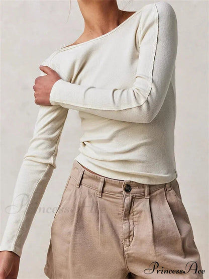 Ribbed Long Sleeve Slim Fit Backless T-shirts