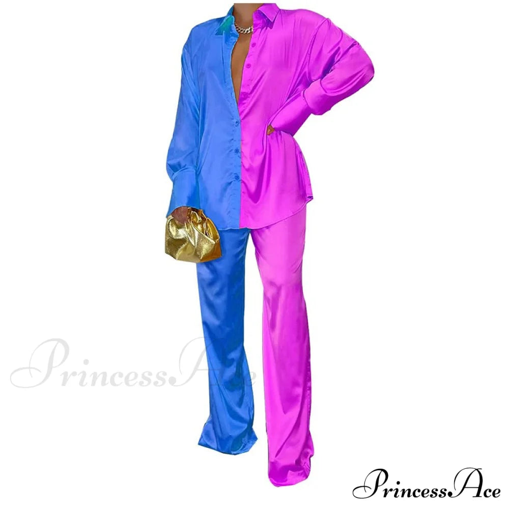- Set Long and With Outfit Wide Two Piece Arm Blouse Leg Loose Satin Pants