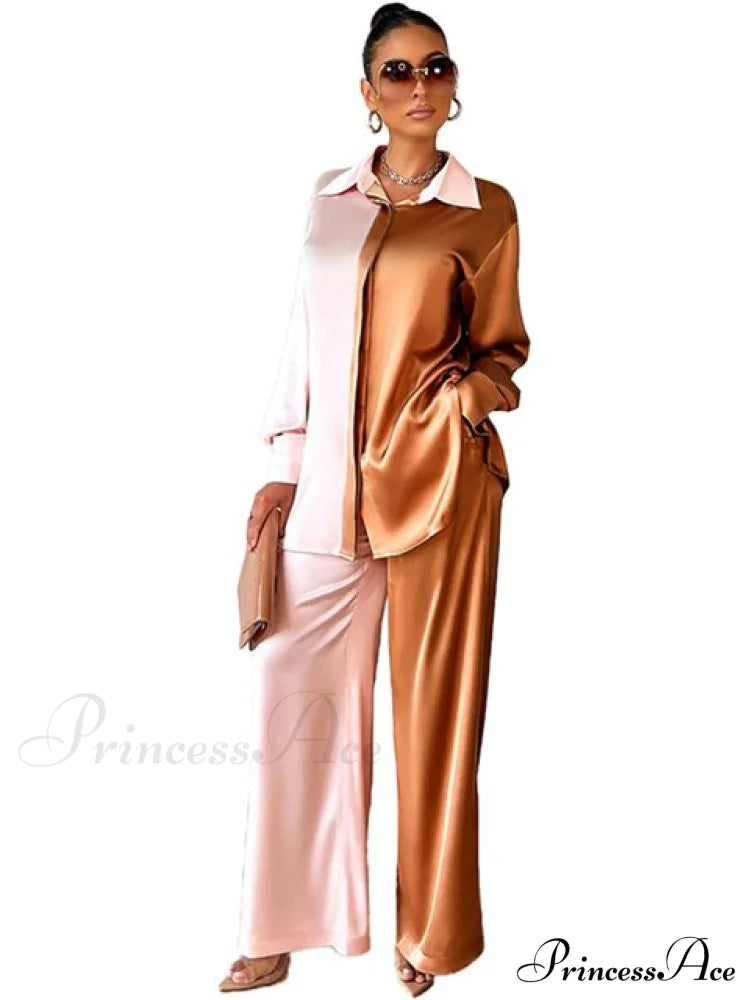 - Set Long and With Outfit Wide Two Piece Arm Blouse Leg Loose Satin Pants