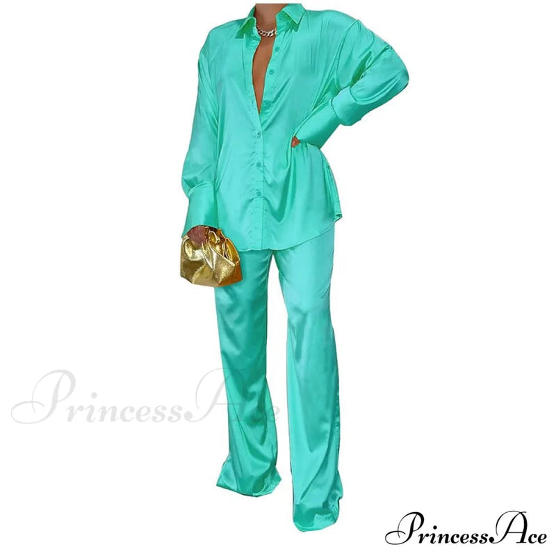 - Set Long and With Outfit Wide Two Piece Arm Blouse Leg Loose Satin Pants