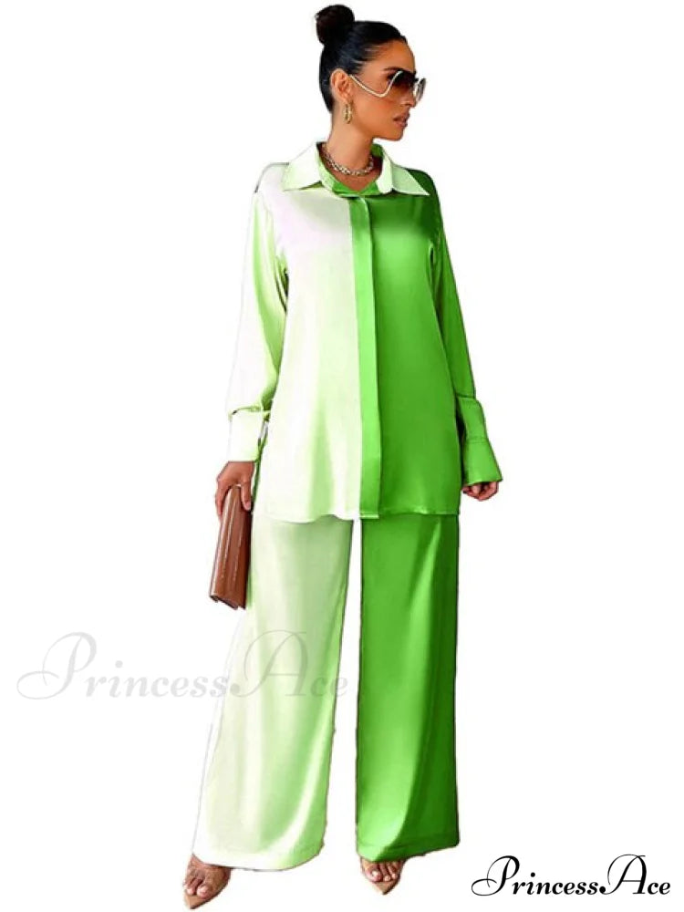 - Set Long and With Outfit Wide Two Piece Arm Blouse Leg Loose Satin Pants