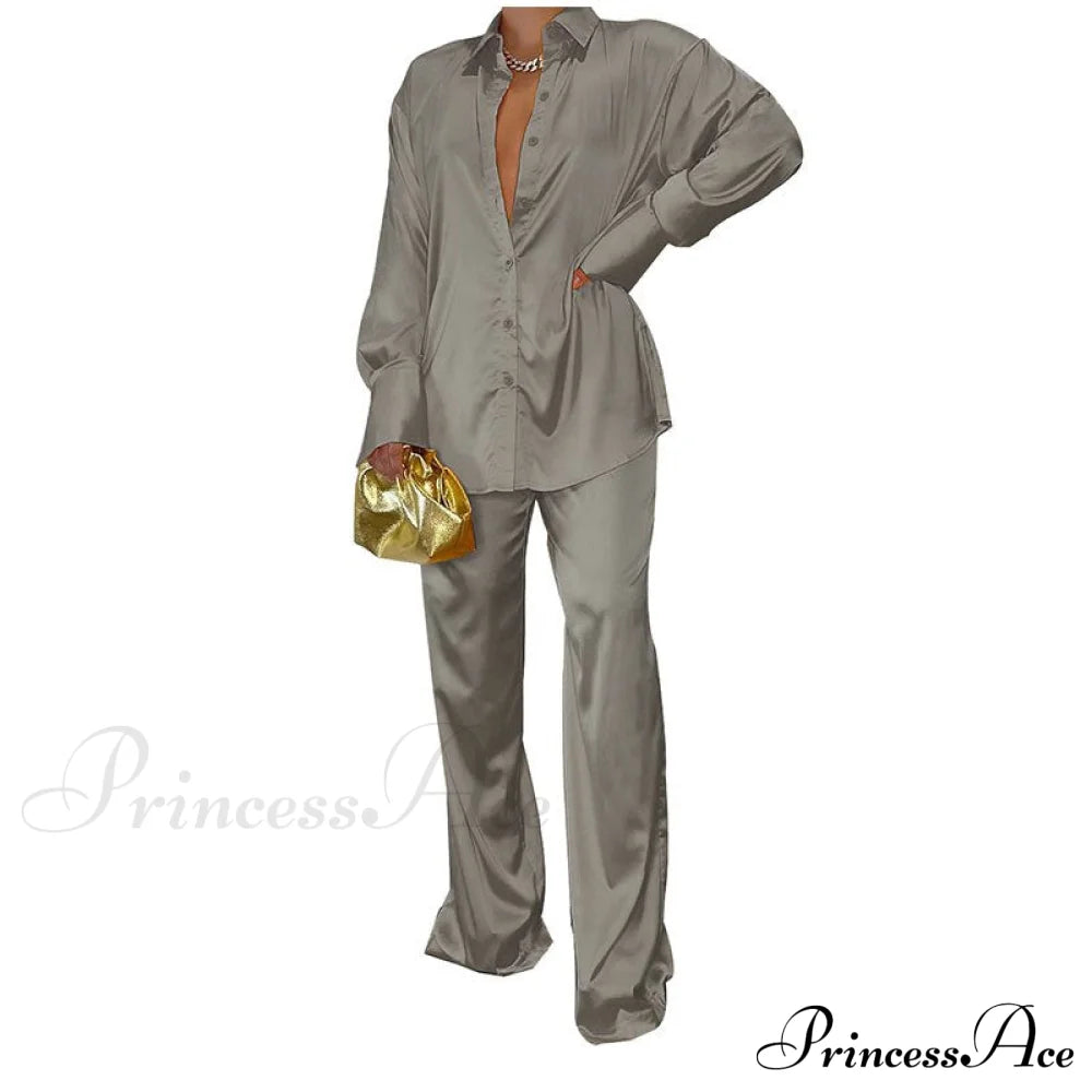 - Set Long and With Outfit Wide Two Piece Arm Blouse Leg Loose Satin Pants