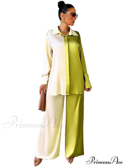 - Set Long and With Outfit Wide Two Piece Arm Blouse Leg Loose Satin Pants