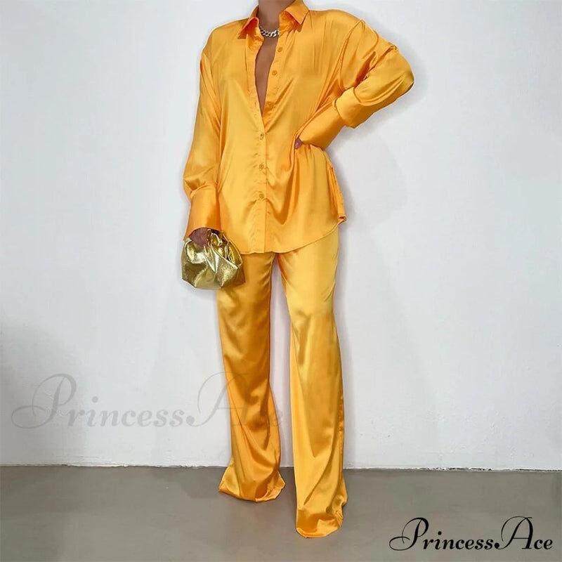 - Set Long and With Outfit Wide Two Piece Arm Blouse Leg Loose Satin Pants