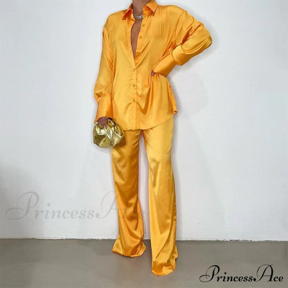 - Set Long and With Outfit Wide Two Piece Arm Blouse Leg Loose Satin Pants