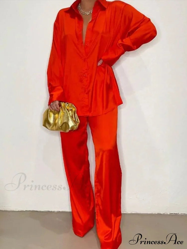 - Set Long and With Outfit Wide Two Piece Arm Blouse Leg Loose Satin Pants