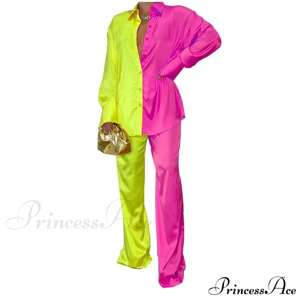 - Set Long and With Outfit Wide Two Piece Arm Blouse Leg Loose Satin Pants