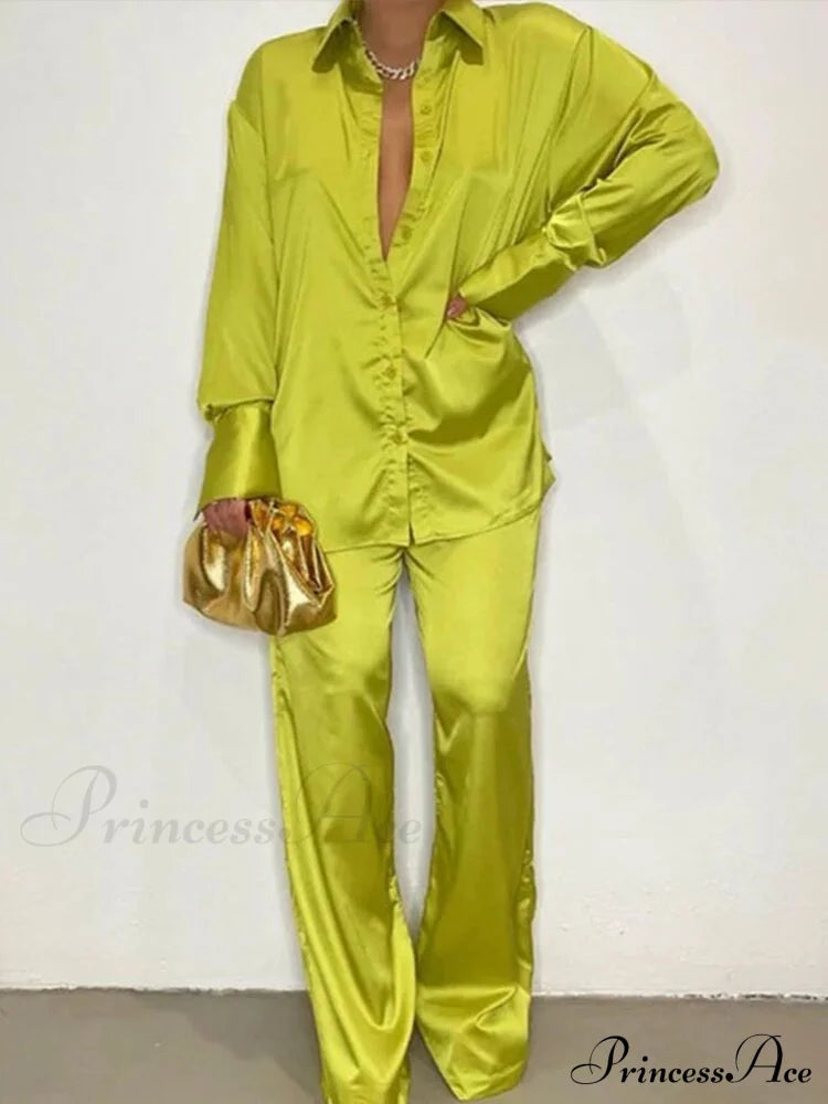 - Set Long and With Outfit Wide Two Piece Arm Blouse Leg Loose Satin Pants