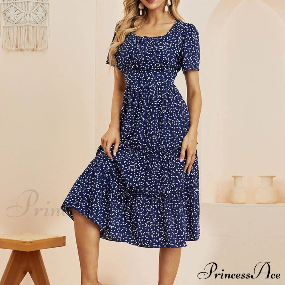 Short Sleeve Square Collar Ruffles Chiffon Dress
