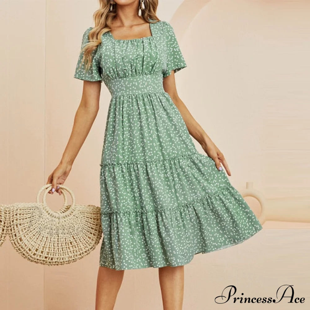 Short Sleeve Square Collar Ruffles Chiffon Dress