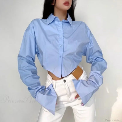 Single Breasted Turn Down Collar Short Sleeve Blouse
