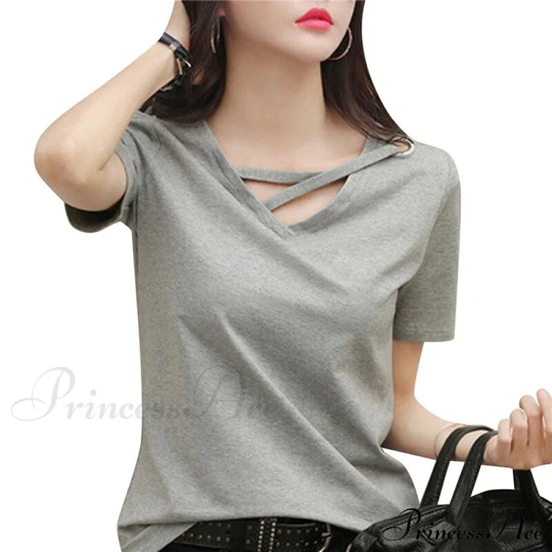 Color Short Sleeve V Neck T-shirt