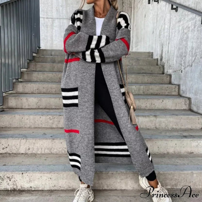 Striped Color Matching Knitted Long Sweaters Cardigan