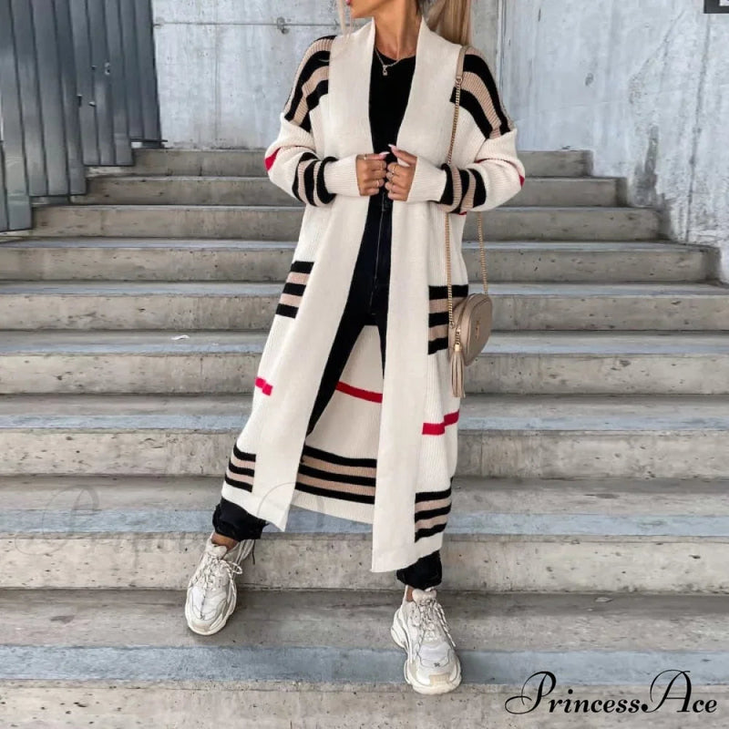 Striped Color Matching Knitted Long Sweaters Cardigan